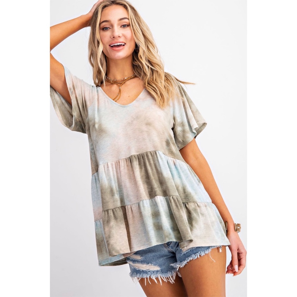 SOLD OUT Olive Tie Dye Boho Tiered Ruffle Babydoll Top - Picture 3 of 8